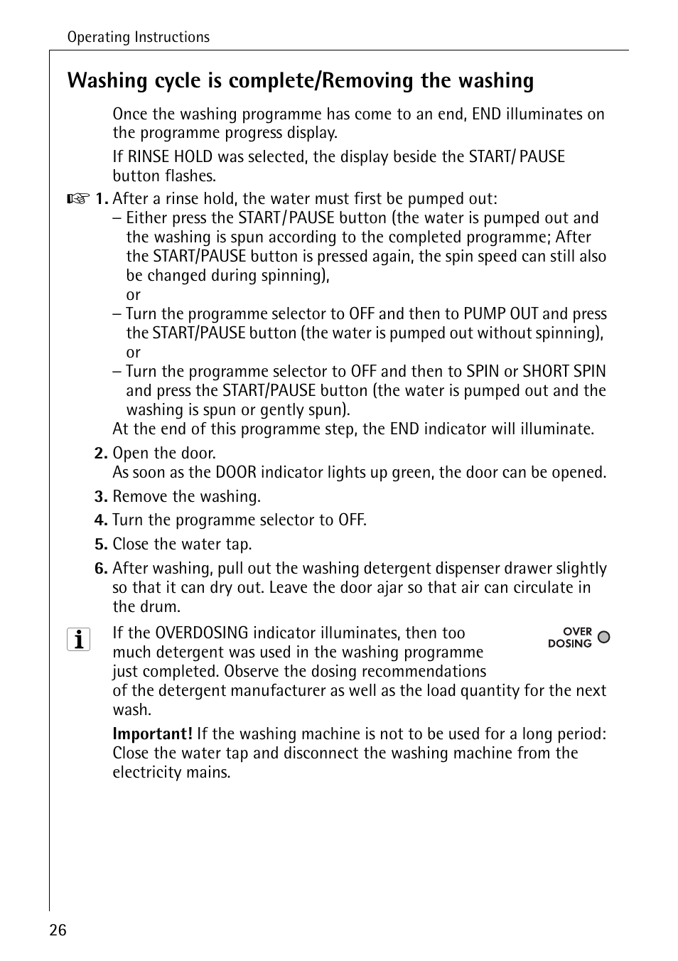 Washing cycle is complete/removing the washing | Electrolux 74689 User Manual | Page 26 / 56