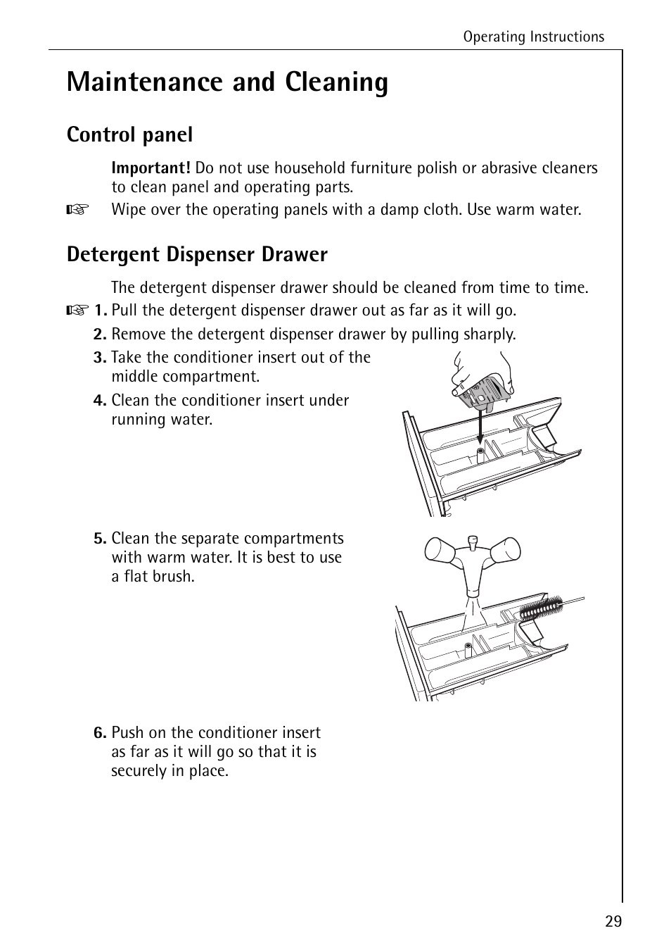 Maintenance and cleaning, Control panel, Detergent dispenser drawer | Electrolux 74689 User Manual | Page 29 / 56