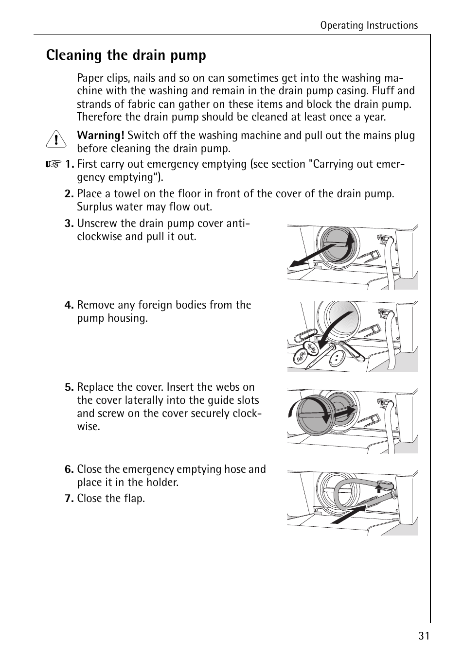 Cleaning the drain pump | Electrolux 74689 User Manual | Page 31 / 56