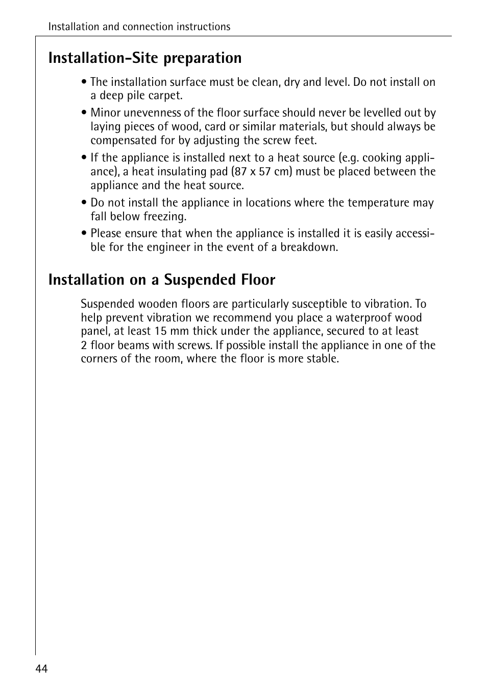 Installation-site preparation, Installation on a suspended floor | Electrolux 74689 User Manual | Page 44 / 56