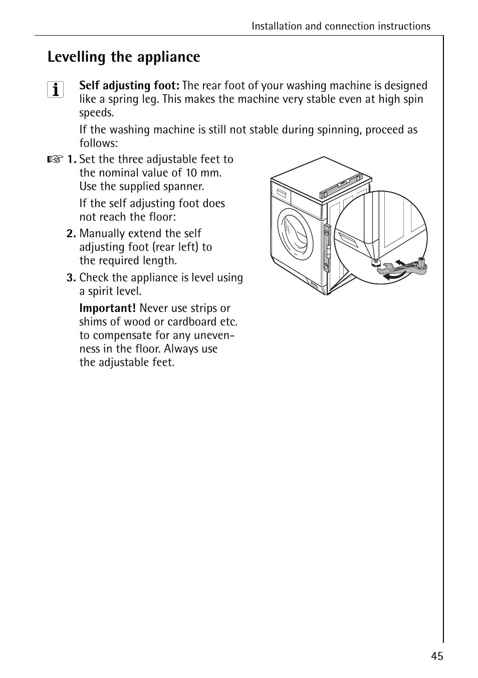 Levelling the appliance | Electrolux 74689 User Manual | Page 45 / 56
