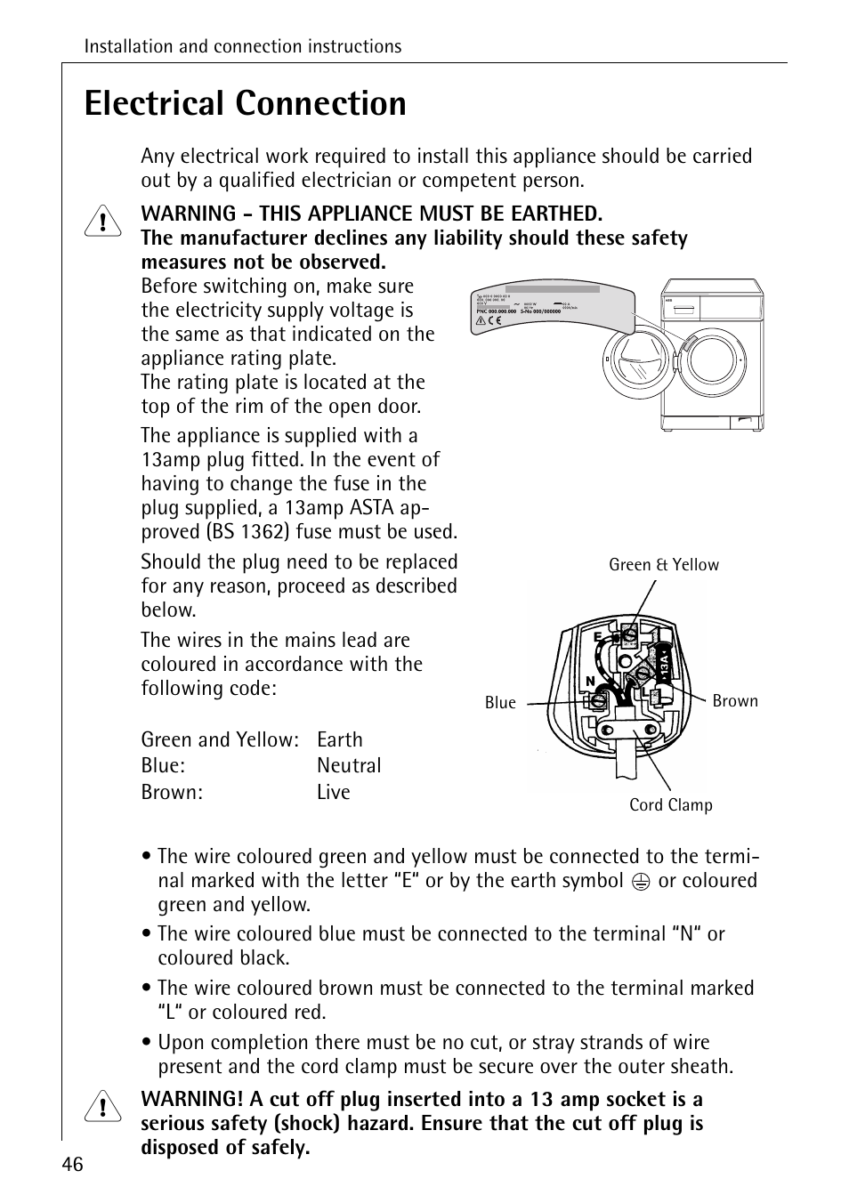 Electrical connection | Electrolux 74689 User Manual | Page 46 / 56