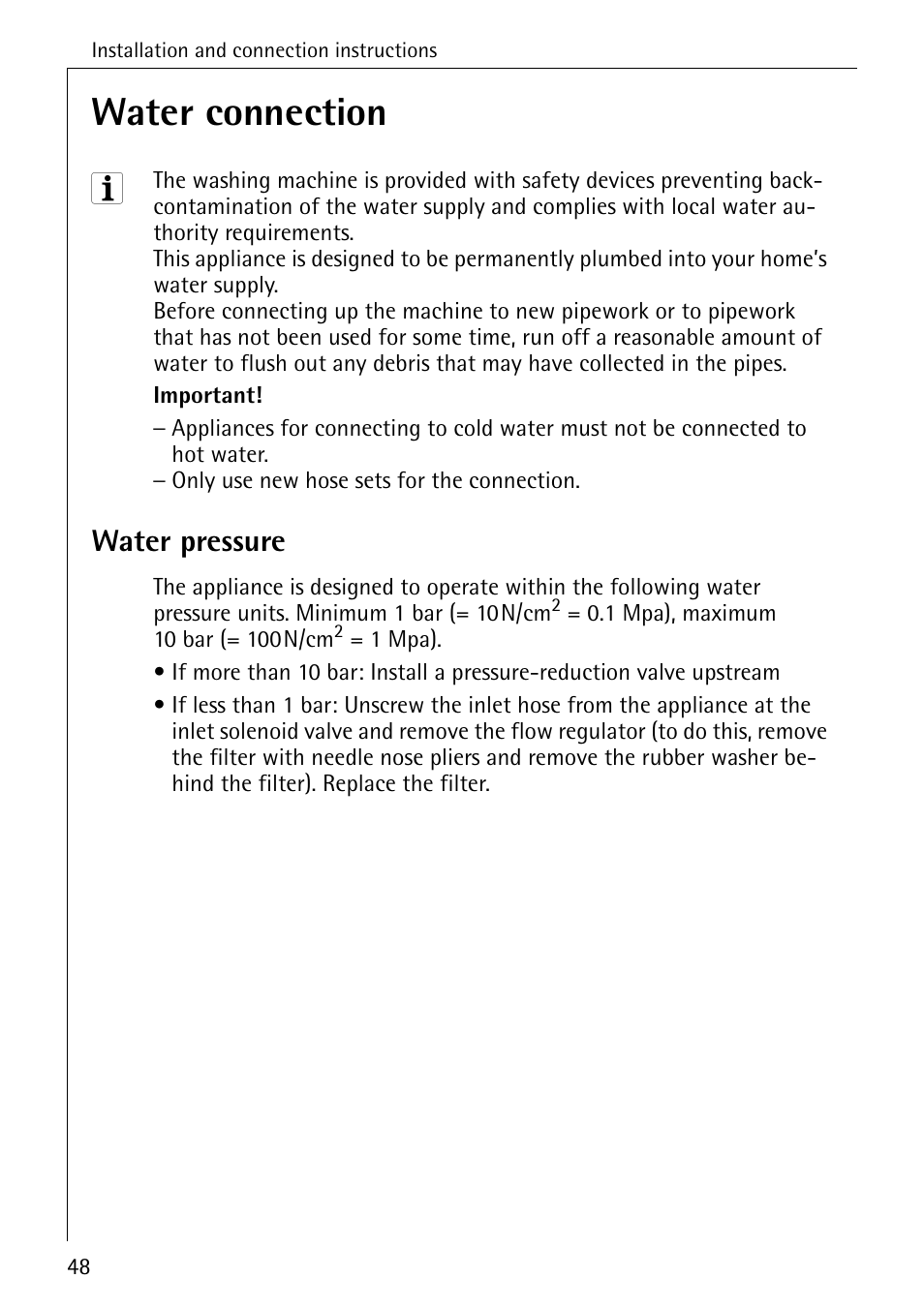 Water connection, Water pressure | Electrolux 74689 User Manual | Page 48 / 56