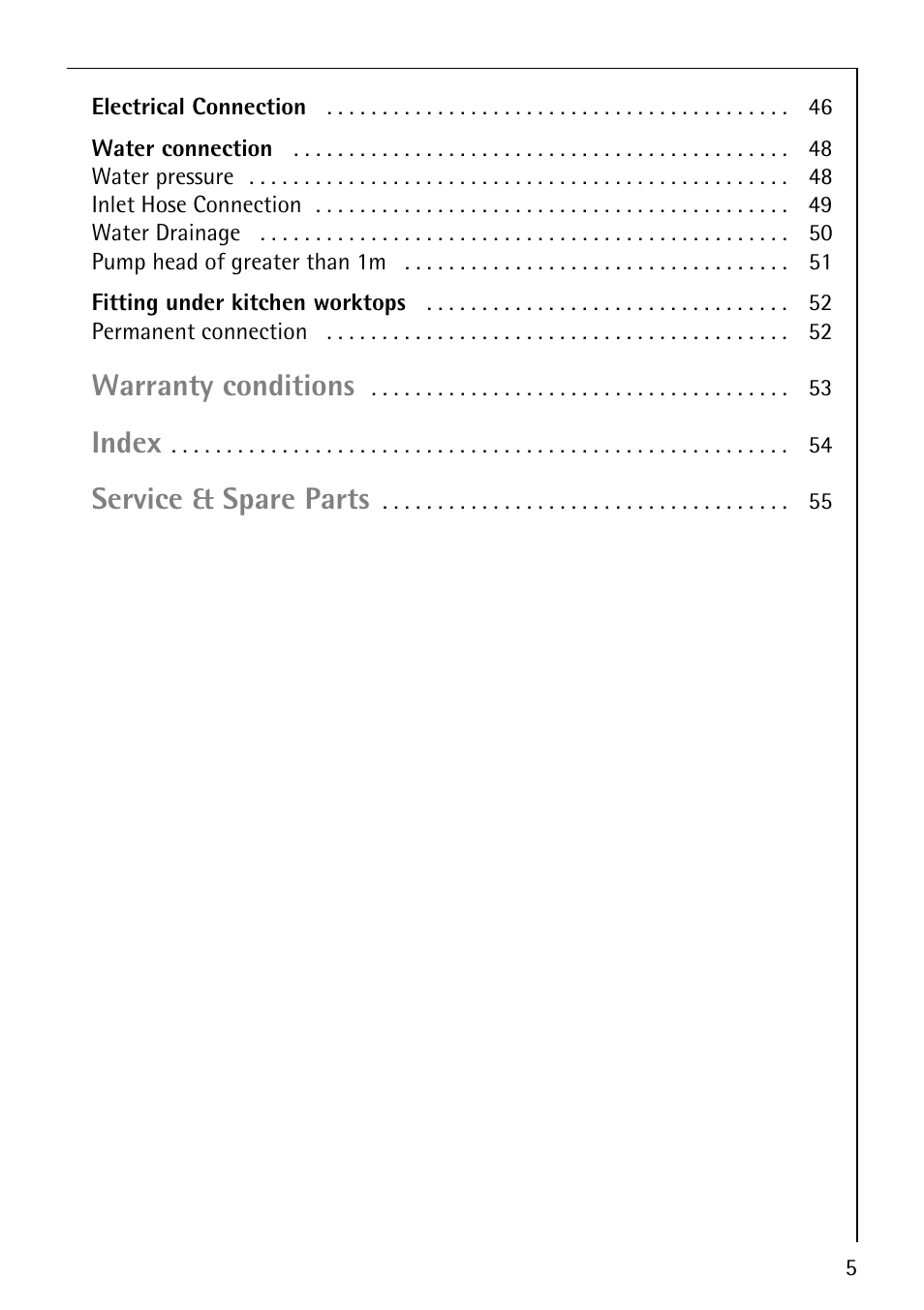 Warranty conditions, Index, Service & spare parts | Electrolux 74689 User Manual | Page 5 / 56