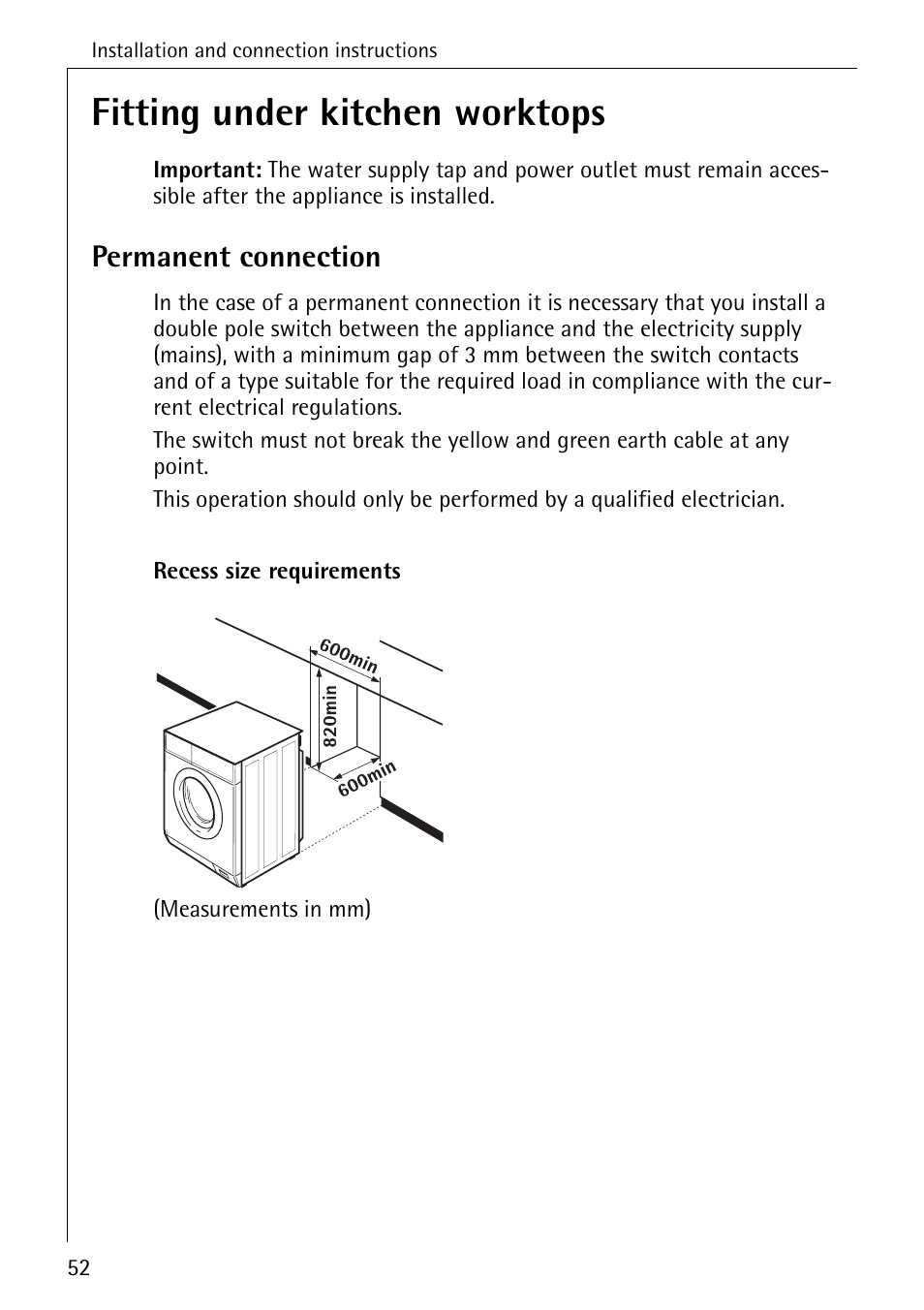 Fitting under kitchen worktops, Permanent connection | Electrolux 74689 User Manual | Page 52 / 56