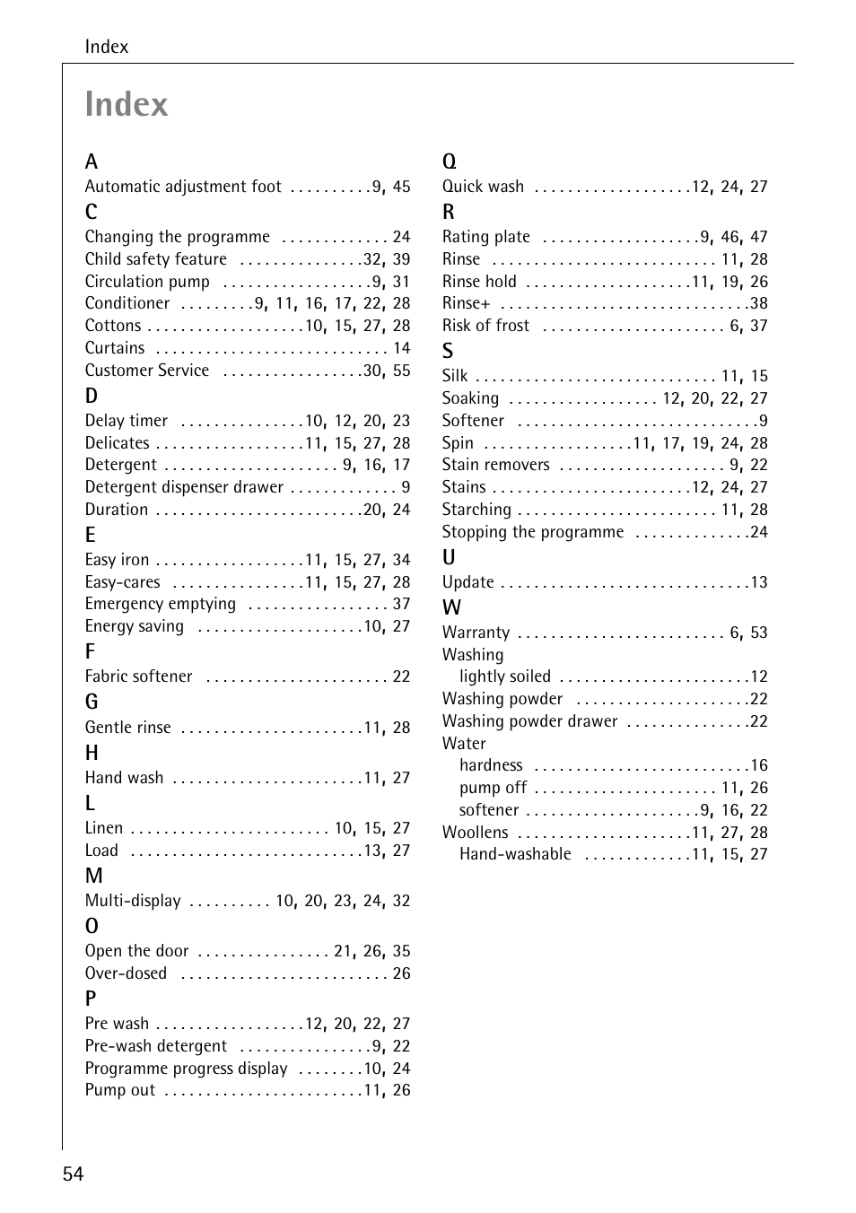 Index | Electrolux 74689 User Manual | Page 54 / 56