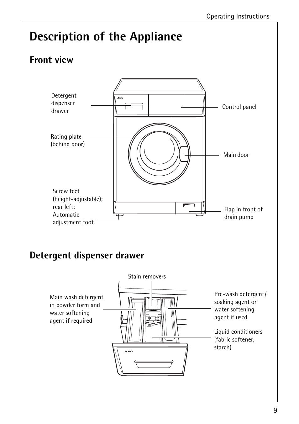 Description of the appliance, Front view detergent dispenser drawer | Electrolux 74689 User Manual | Page 9 / 56