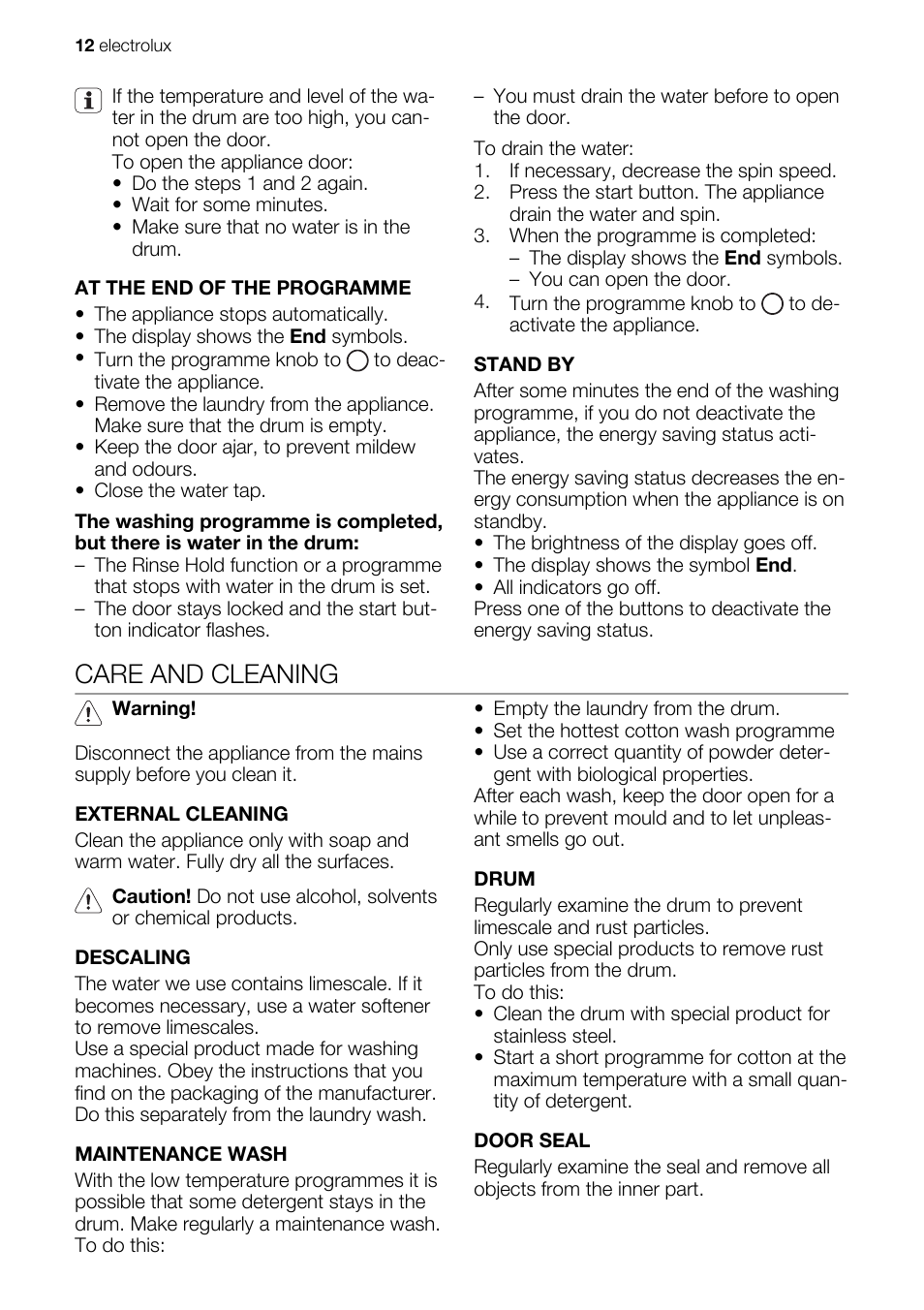Care and cleaning | Electrolux EWS 125410 A User Manual | Page 12 / 24