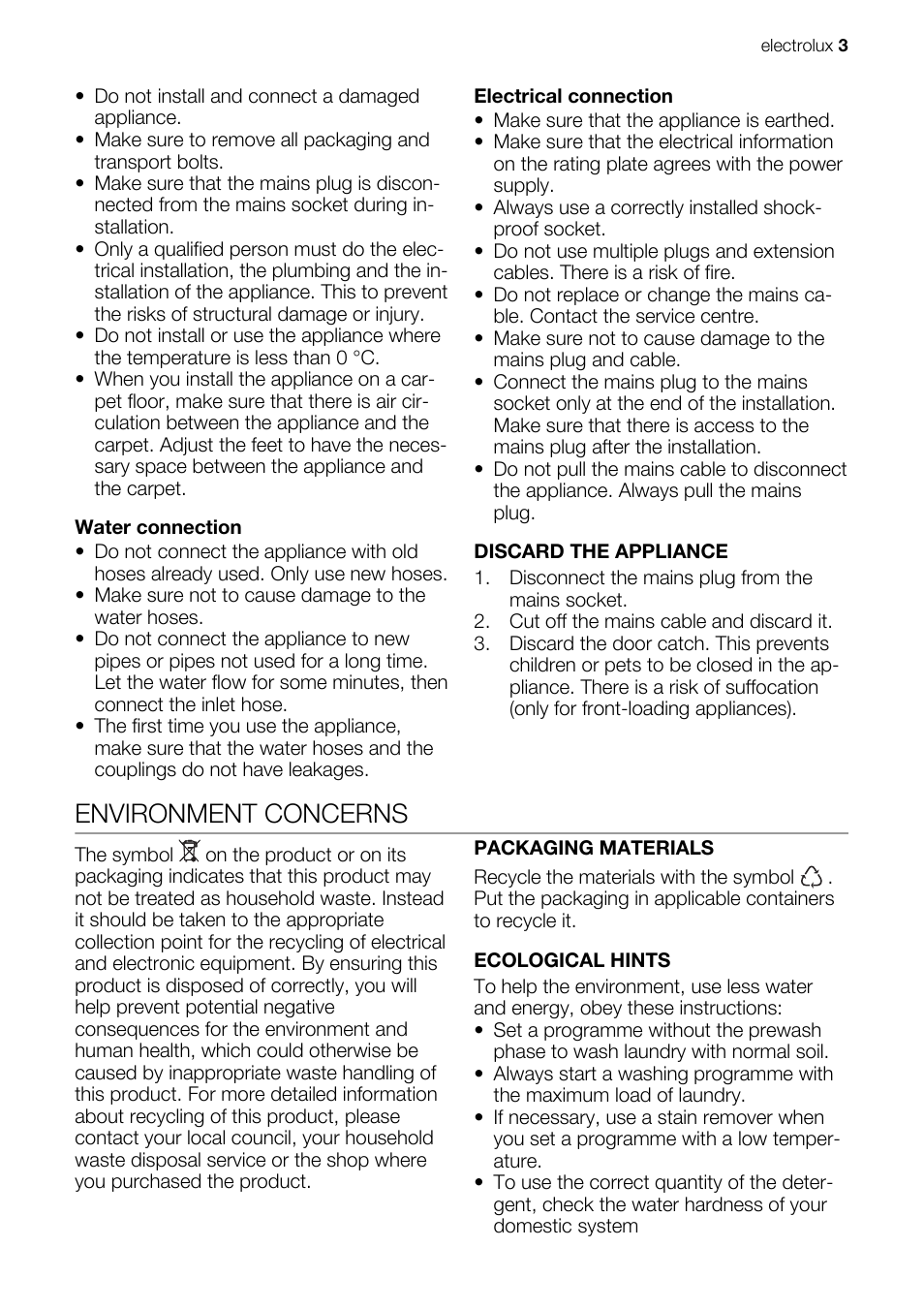 Environment concerns | Electrolux EWS 125410 A User Manual | Page 3 / 24