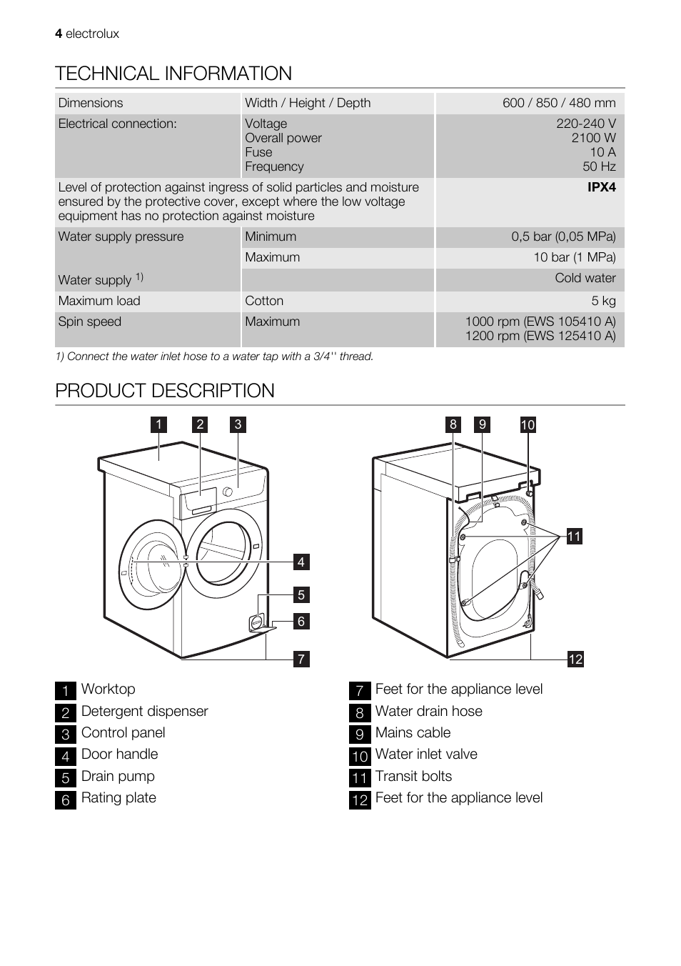 Technical information, Product description | Electrolux EWS 125410 A User Manual | Page 4 / 24