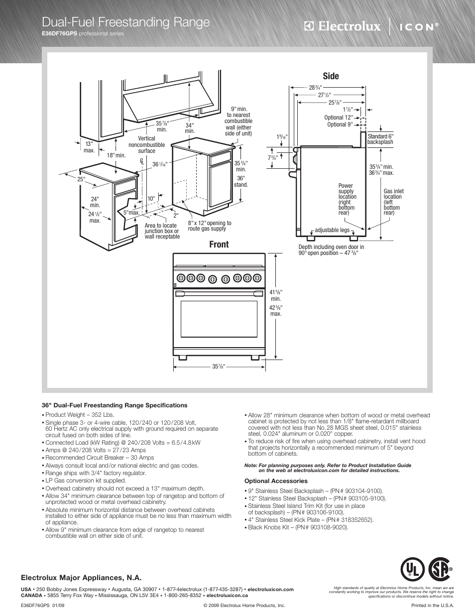 Dual-fuel freestanding range, Front, Side | Electrolux E36DF76GPS User Manual | Page 2 / 2