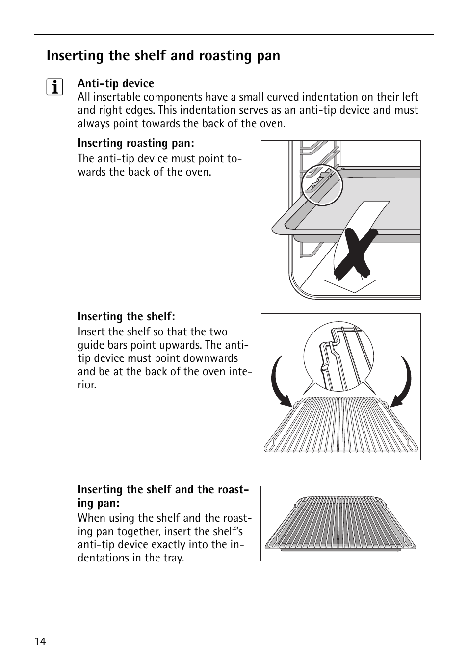 Inserting the shelf and roasting pan | Electrolux B4101-4 User Manual | Page 14 / 52