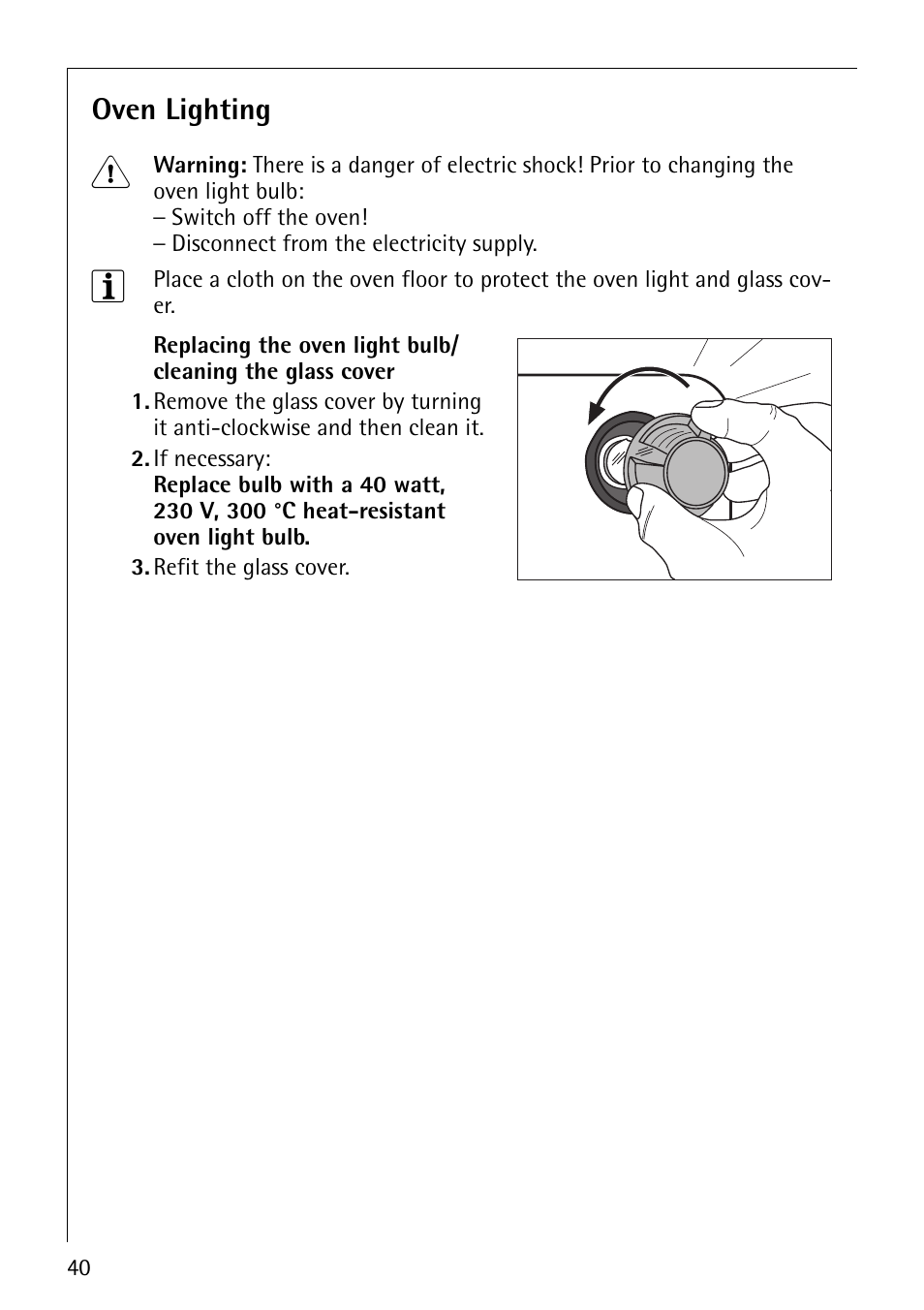 Oven lighting | Electrolux B4101-4 User Manual | Page 40 / 52