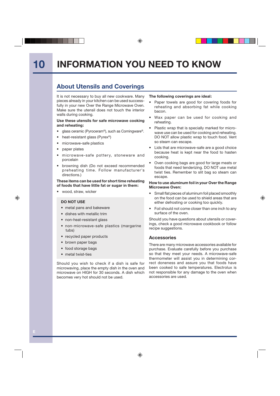 Information you need to know, About utensils and coverings | Electrolux Over the Range Microwave Oven TINSEB258WRRZ-EL01 User Manual | Page 10 / 36