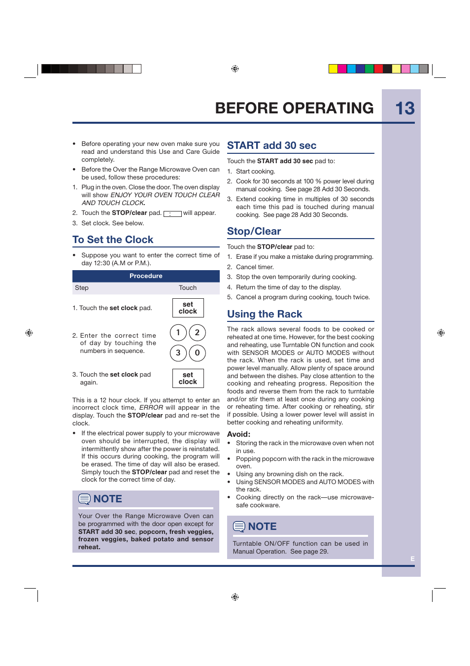 Before operating, Start add 30 sec, Stop/clear | Using the rack | Electrolux Over the Range Microwave Oven TINSEB258WRRZ-EL01 User Manual | Page 13 / 36