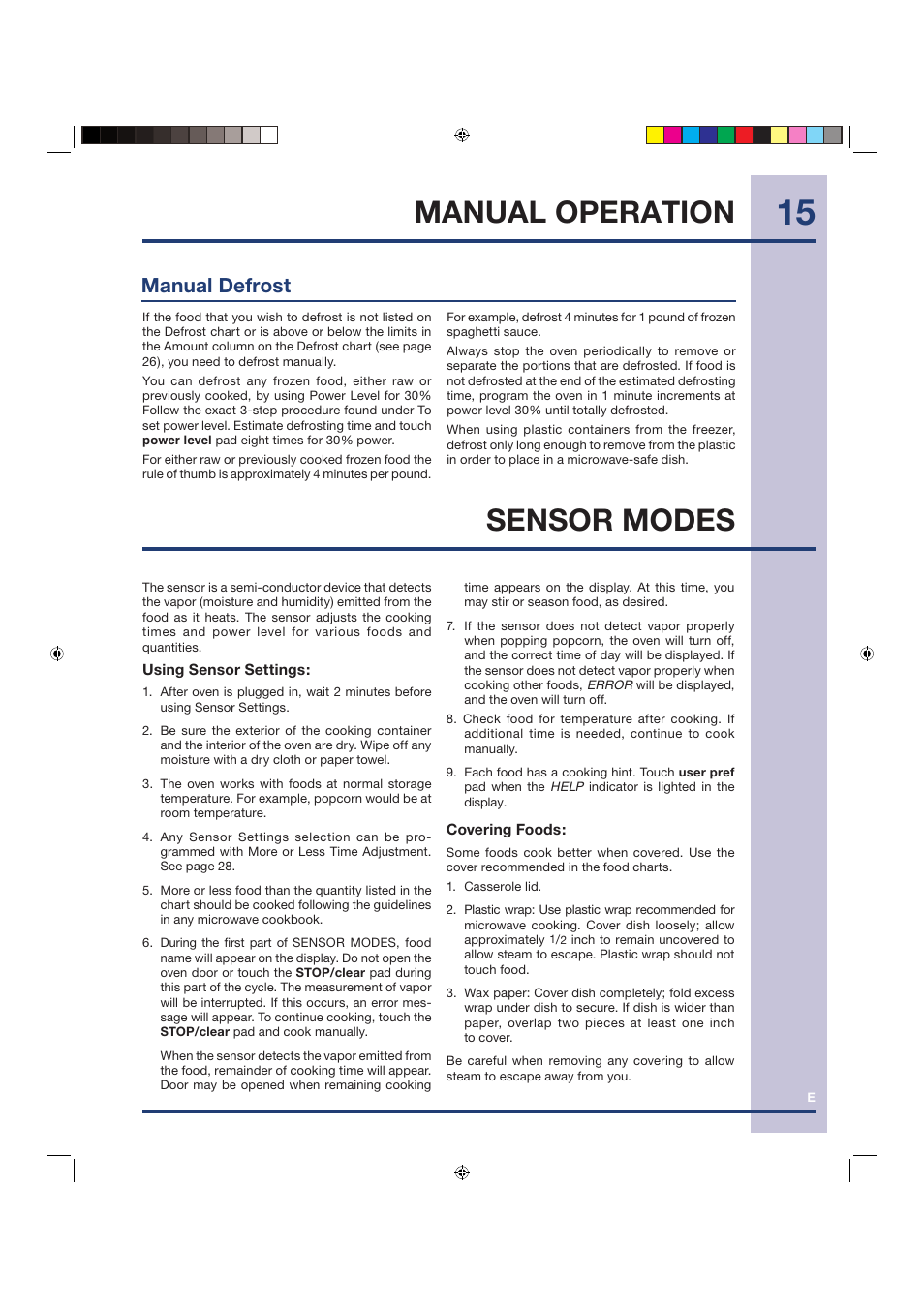 Manual operation, Sensor modes, Manual defrost | Electrolux Over the Range Microwave Oven TINSEB258WRRZ-EL01 User Manual | Page 15 / 36