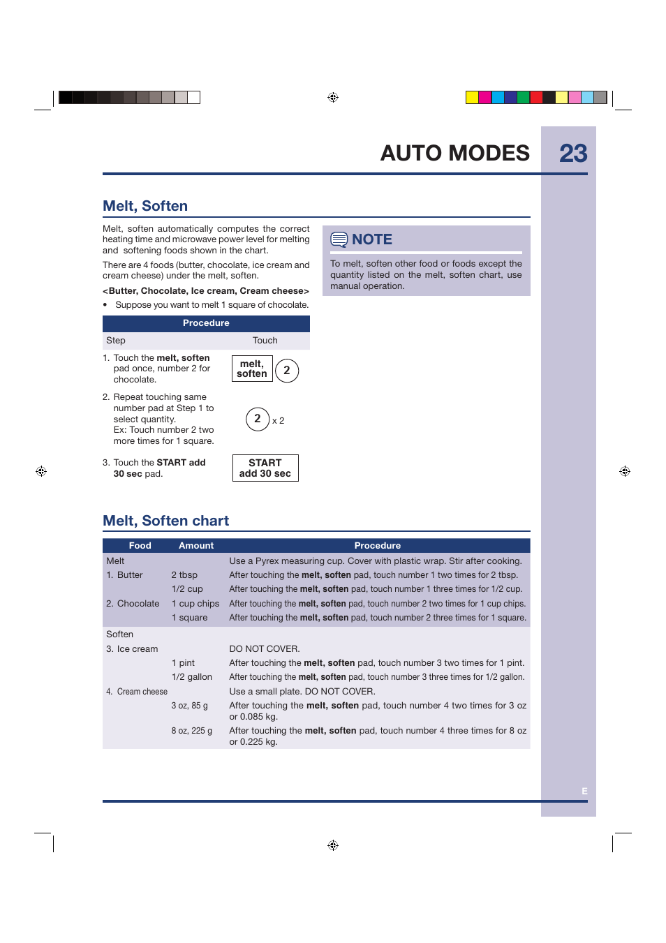 Auto modes, Melt, soften chart, Melt, soften | Electrolux Over the Range Microwave Oven TINSEB258WRRZ-EL01 User Manual | Page 23 / 36