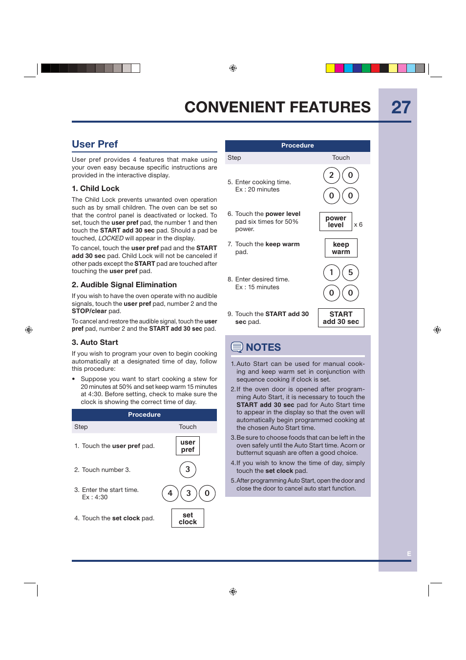 Convenient features, User pref | Electrolux Over the Range Microwave Oven TINSEB258WRRZ-EL01 User Manual | Page 27 / 36