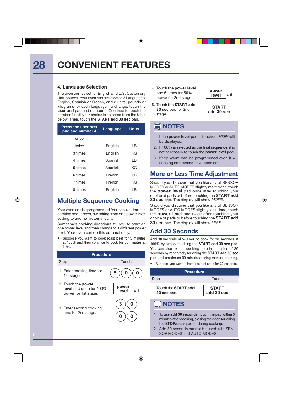 Convenient features, Multiple sequence cooking, More or less time adjustment | Add 30 seconds | Electrolux Over the Range Microwave Oven TINSEB258WRRZ-EL01 User Manual | Page 28 / 36