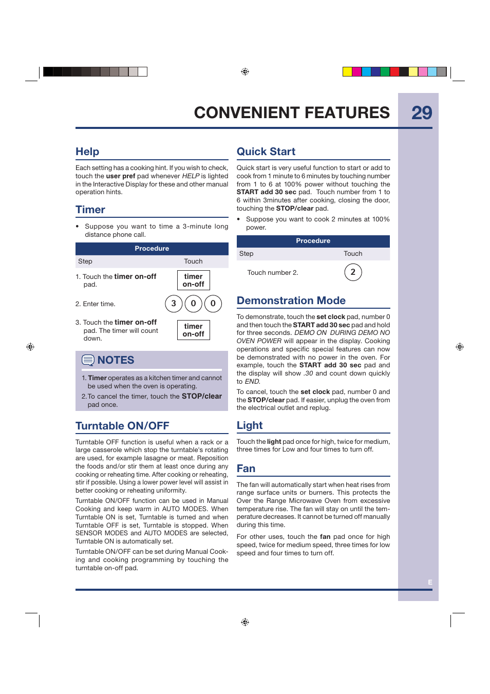Convenient features, Help, Timer | Turntable on/off, Quick start, Demonstration mode, Light | Electrolux Over the Range Microwave Oven TINSEB258WRRZ-EL01 User Manual | Page 29 / 36