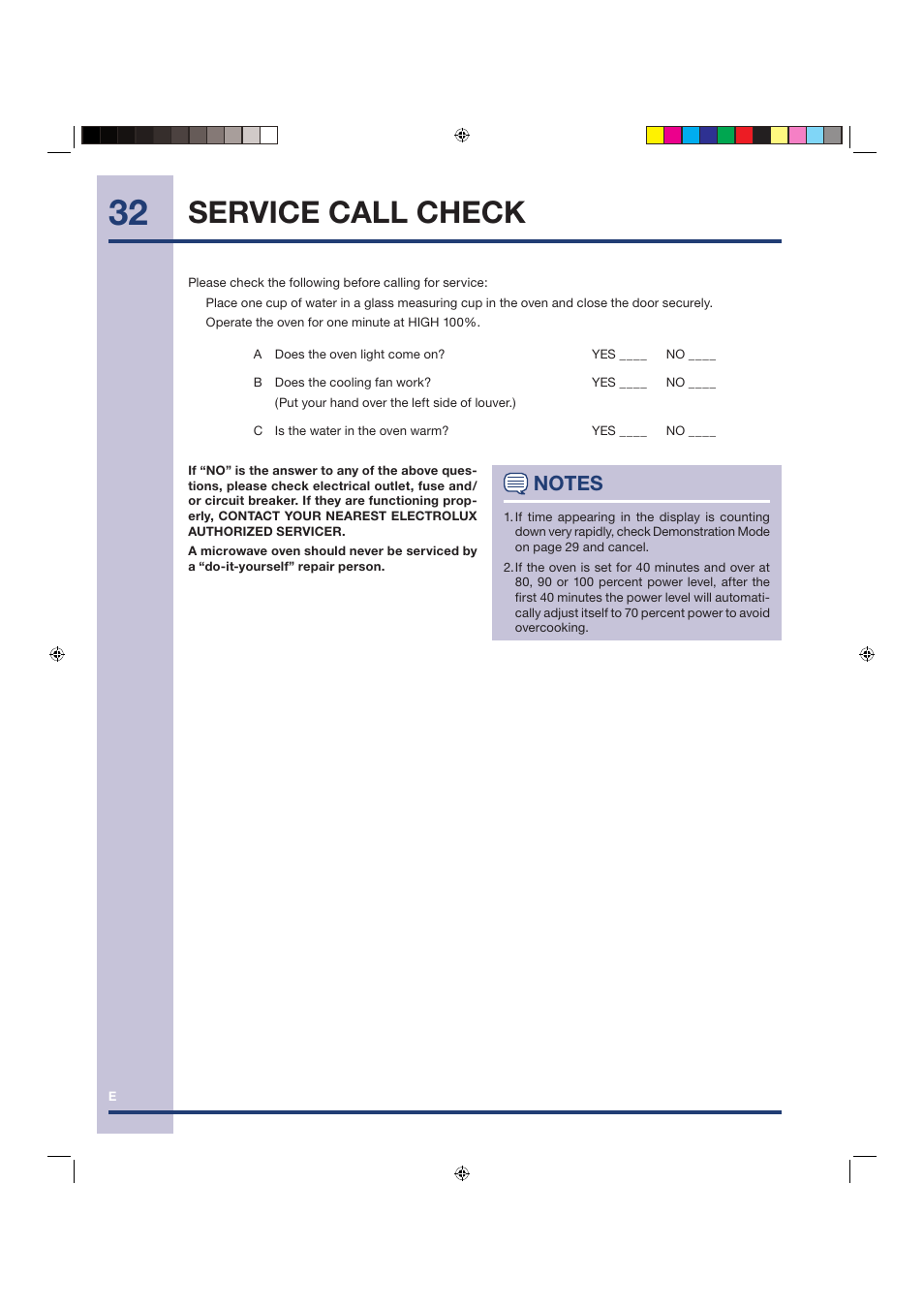 Service call check | Electrolux Over the Range Microwave Oven TINSEB258WRRZ-EL01 User Manual | Page 32 / 36