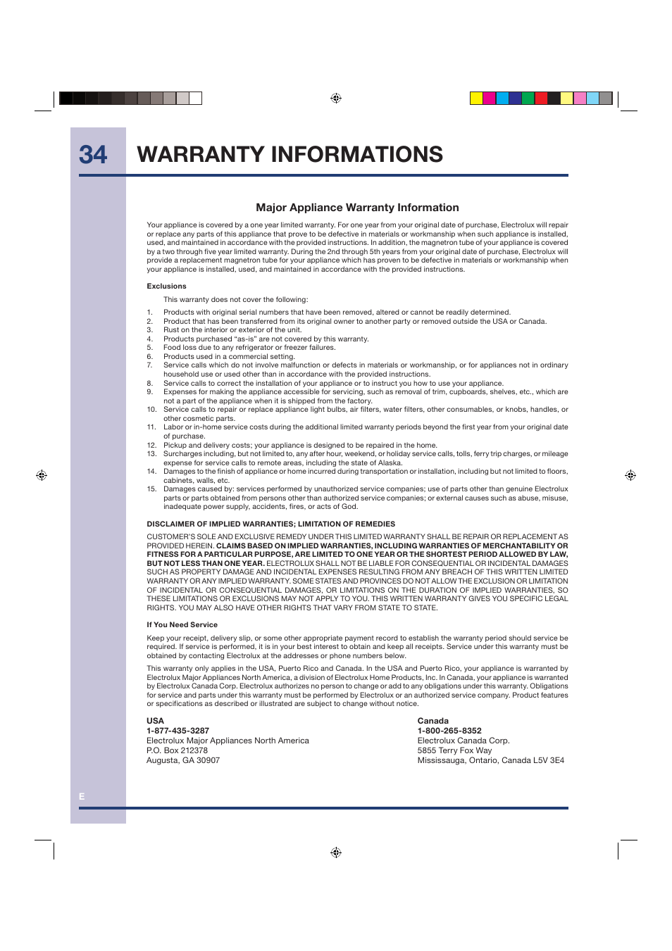 Warranty informations | Electrolux Over the Range Microwave Oven TINSEB258WRRZ-EL01 User Manual | Page 34 / 36