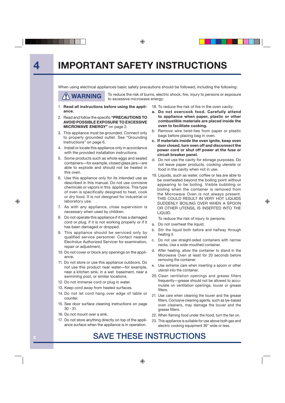 Important safety instructions, Save these instructions | Electrolux Over the Range Microwave Oven TINSEB258WRRZ-EL01 User Manual | Page 4 / 36