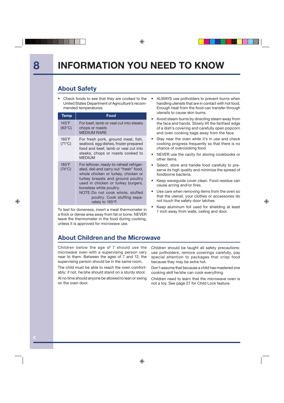 Information you need to know, About children, And the microwave about safety | Electrolux Over the Range Microwave Oven TINSEB258WRRZ-EL01 User Manual | Page 8 / 36