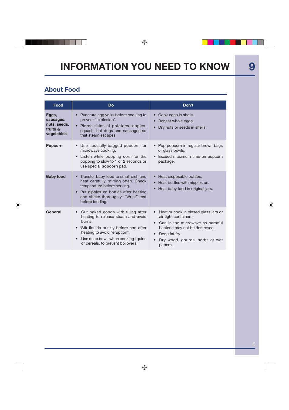 Information you need to know, About food | Electrolux Over the Range Microwave Oven TINSEB258WRRZ-EL01 User Manual | Page 9 / 36
