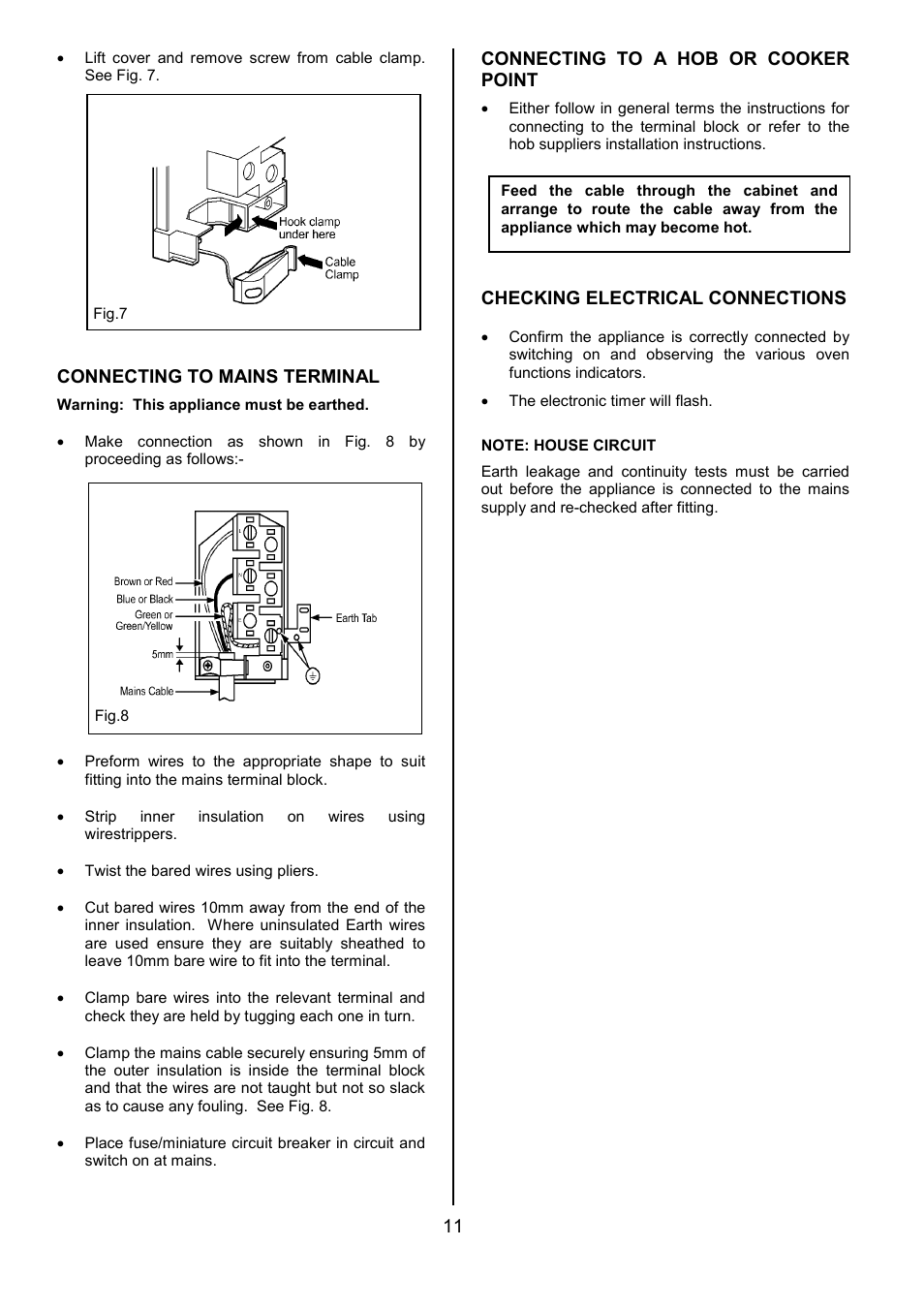 Connecting to mains terminal, Connecting to a hob or cooker point, Checking electrical connections | Electrolux EOB 949 User Manual | Page 11 / 36