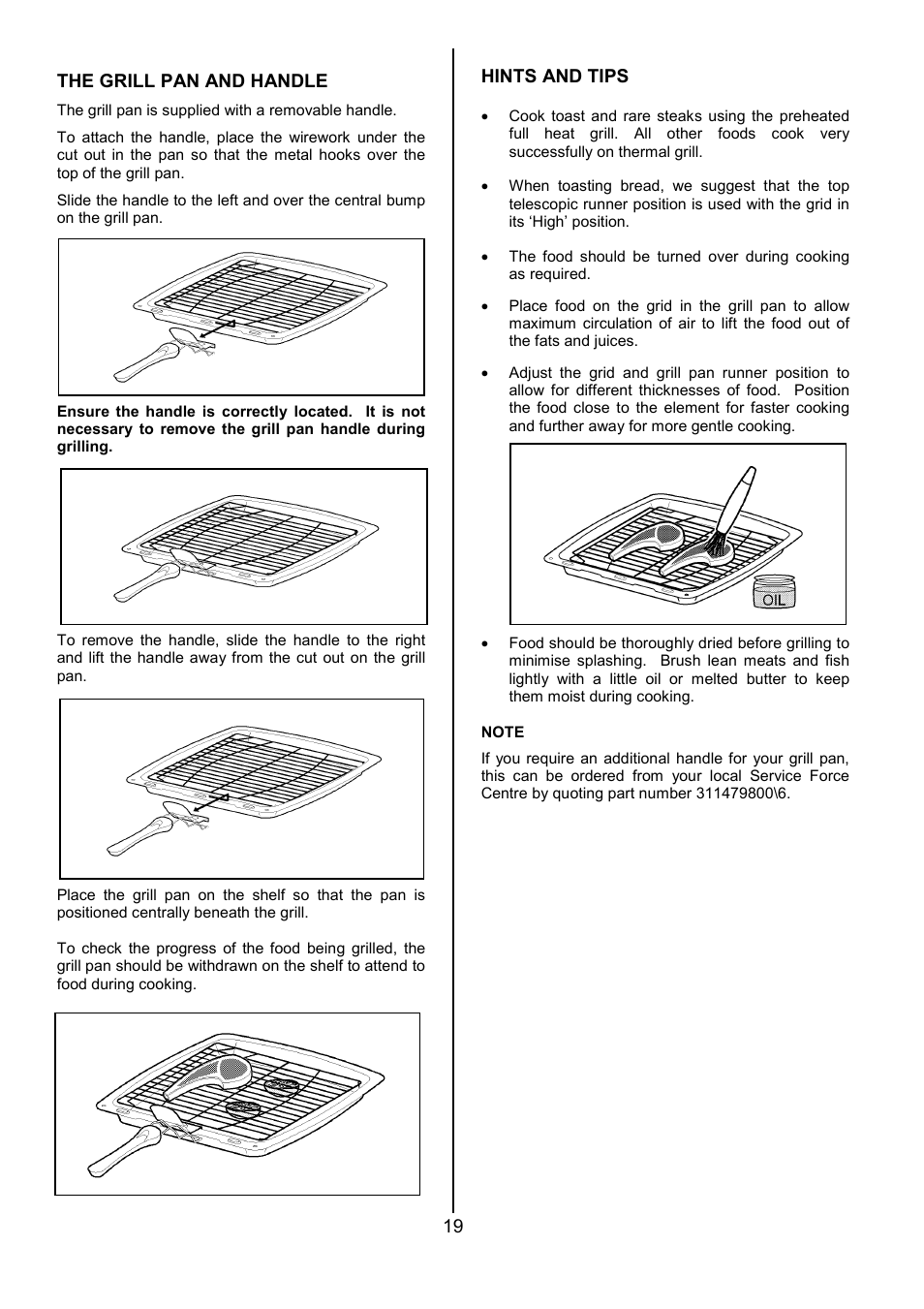 19 the grill pan and handle, Hints and tips | Electrolux EOB 949 User Manual | Page 19 / 36