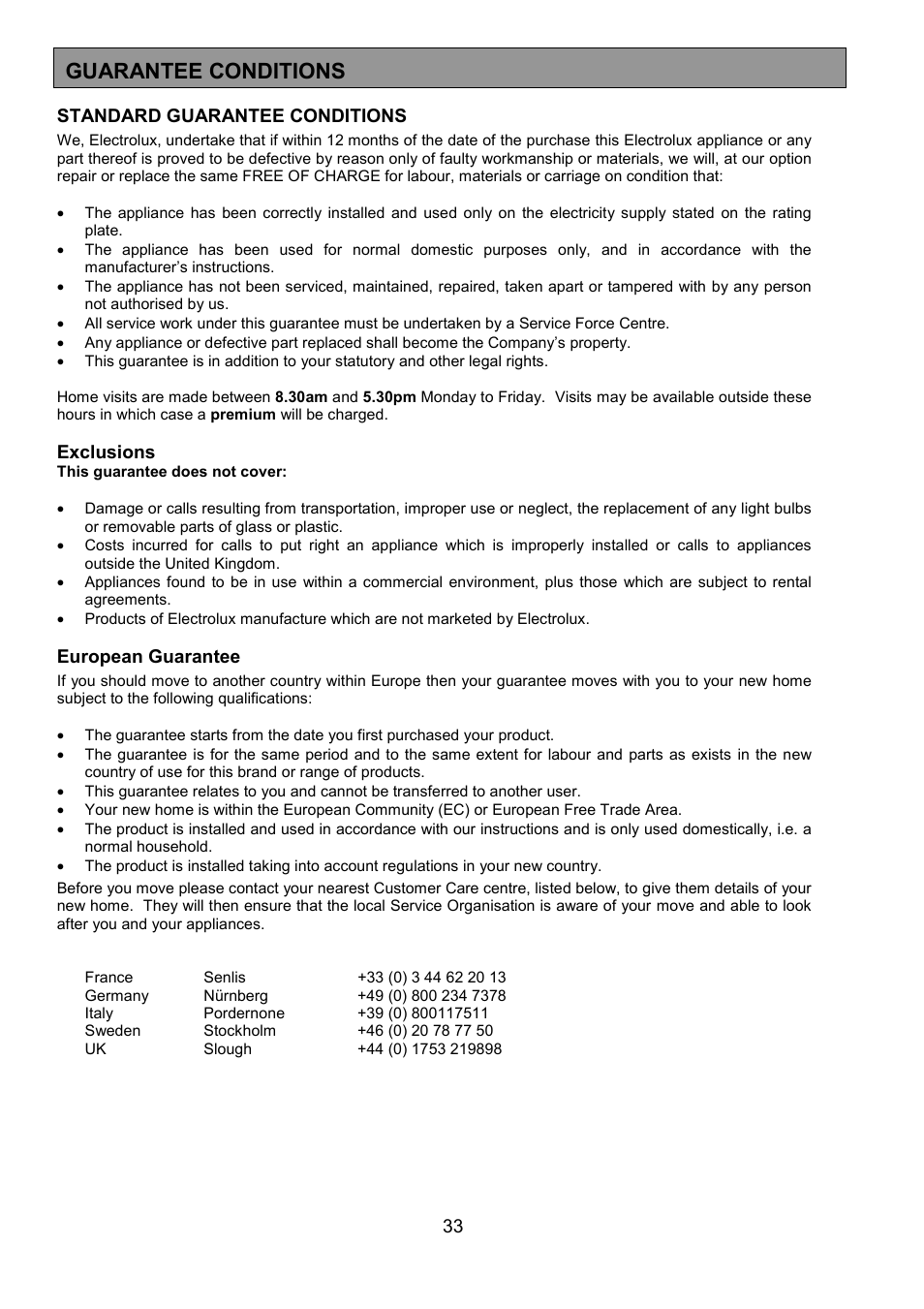 Guarantee conditions, 33 standard guarantee conditions, Exclusions | European guarantee | Electrolux EOB 949 User Manual | Page 33 / 36