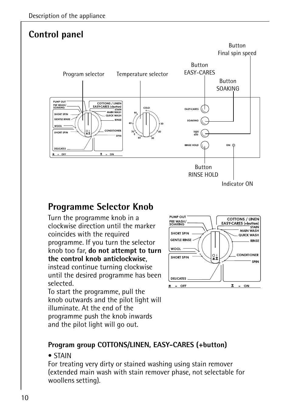 Control panel programme selector knob | Electrolux LAVAMAT 50600 User Manual | Page 10 / 36