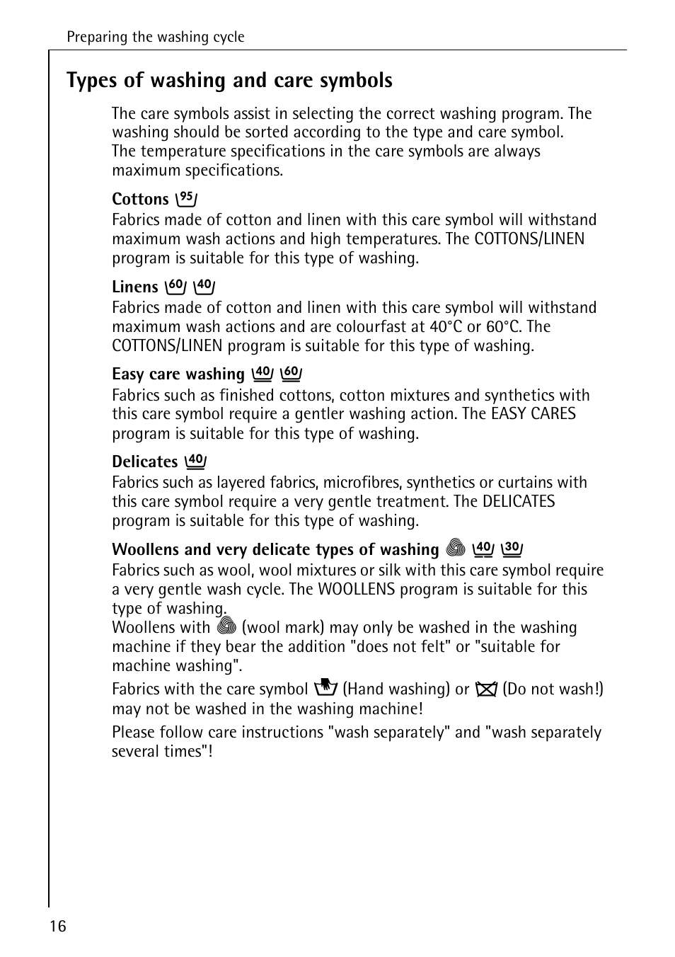 Types of washing and care symbols | Electrolux LAVAMAT 50600 User Manual | Page 16 / 36
