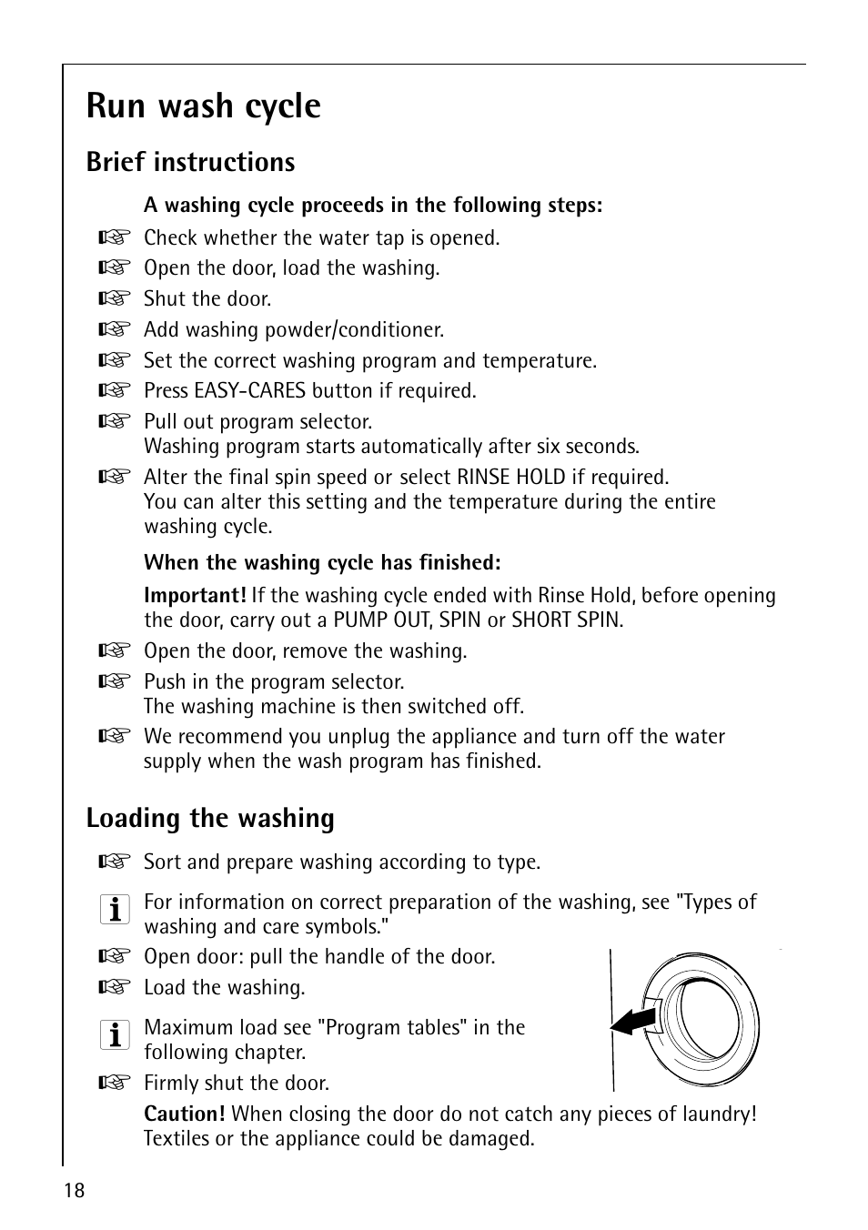 Run wash cycle, Brief instructions, Loading the washing | Electrolux LAVAMAT 50600 User Manual | Page 18 / 36