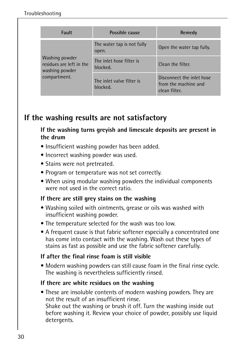 If the washing results are not satisfactory | Electrolux LAVAMAT 50600 User Manual | Page 30 / 36