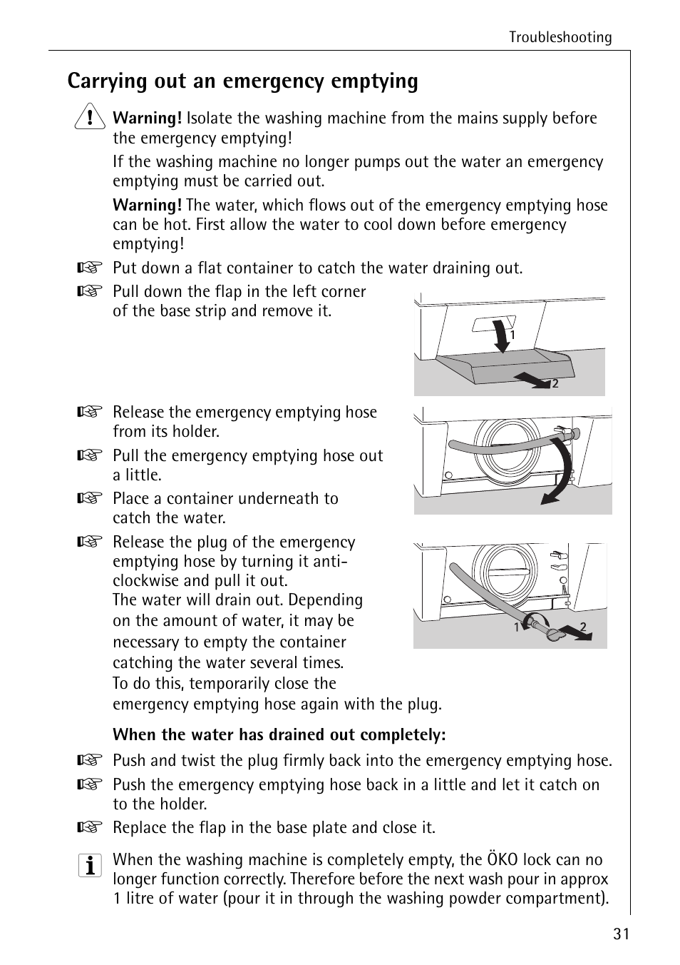 Carrying out an emergency emptying | Electrolux LAVAMAT 50600 User Manual | Page 31 / 36