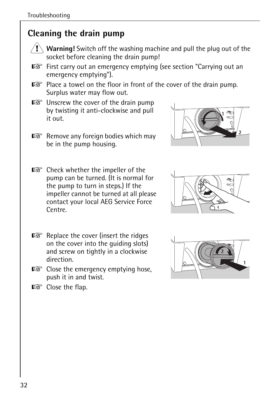 Cleaning the drain pump | Electrolux LAVAMAT 50600 User Manual | Page 32 / 36