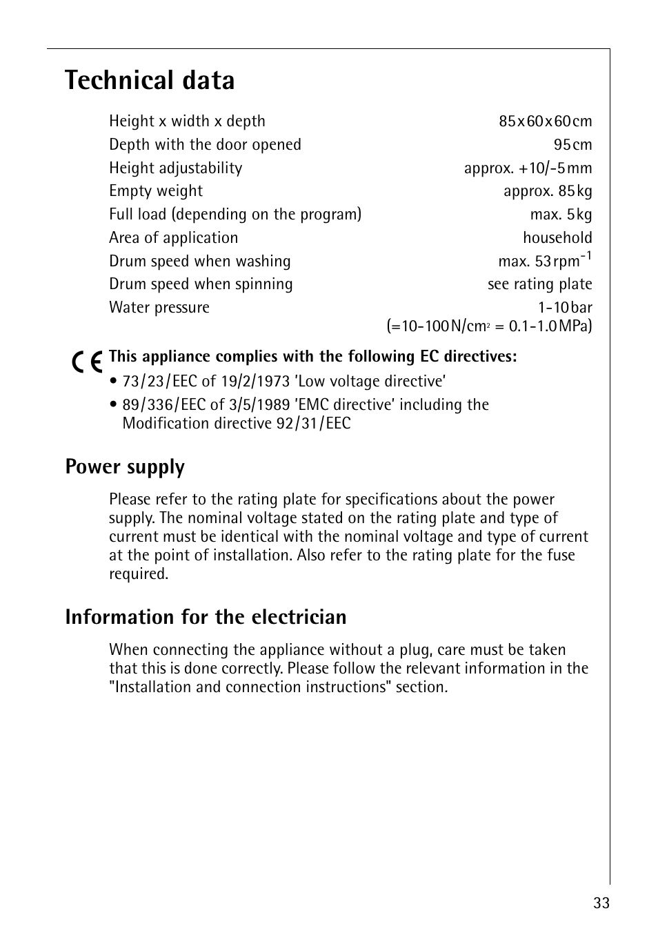 Technical data, Power supply, Information for the electrician | Electrolux LAVAMAT 50600 User Manual | Page 33 / 36
