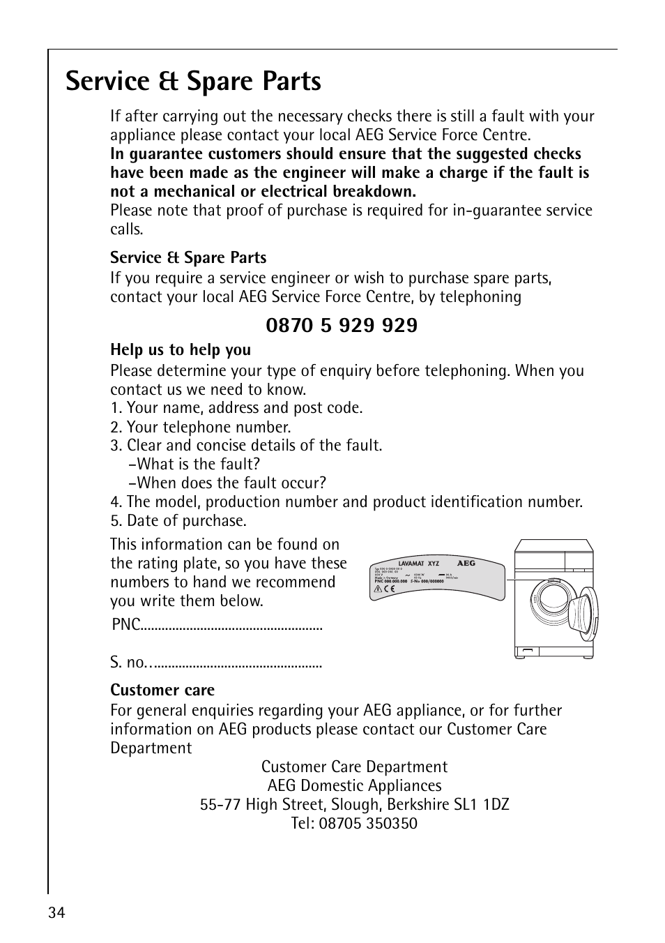 Service & spare parts | Electrolux LAVAMAT 50600 User Manual | Page 34 / 36