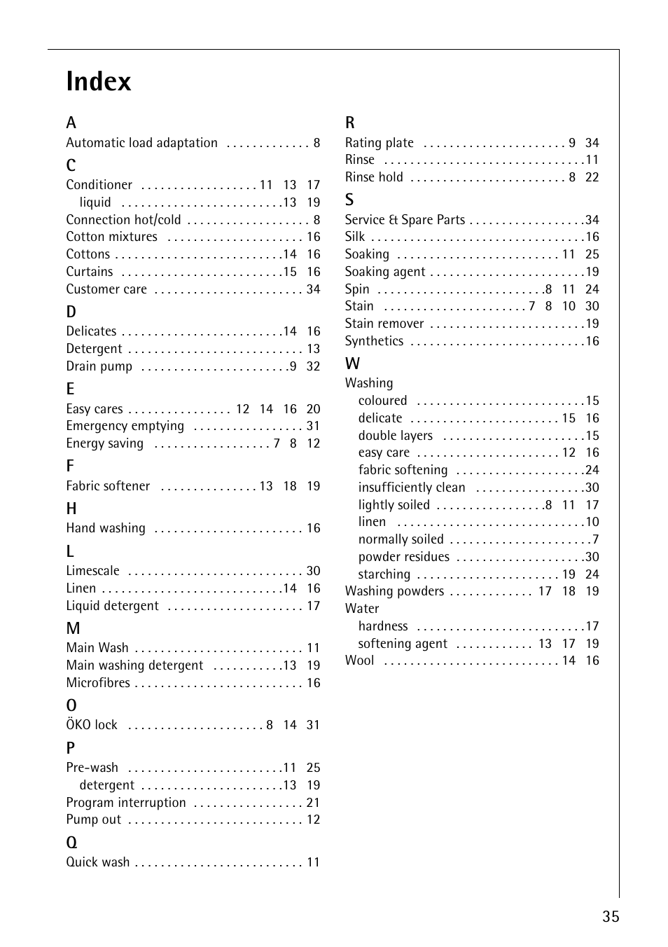 Index | Electrolux LAVAMAT 50600 User Manual | Page 35 / 36