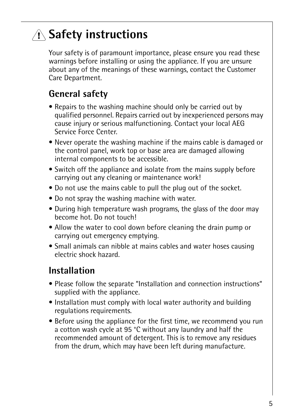 Safety instructions, General safety, Installation | Electrolux LAVAMAT 50600 User Manual | Page 5 / 36