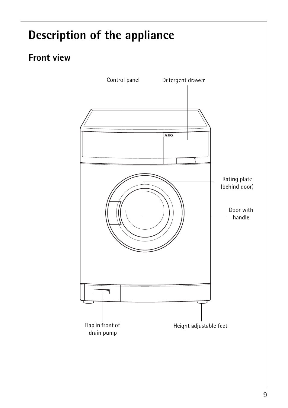 Description of the appliance, Front view | Electrolux LAVAMAT 50600 User Manual | Page 9 / 36