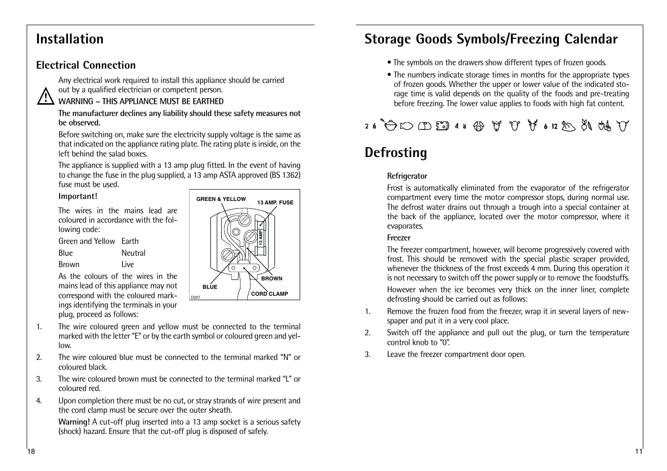 Storage goods symbols/freezing calendar, Defrosting, Installation | Electrical connection | Electrolux C 7 18 41-4i User Manual | Page 11 / 28