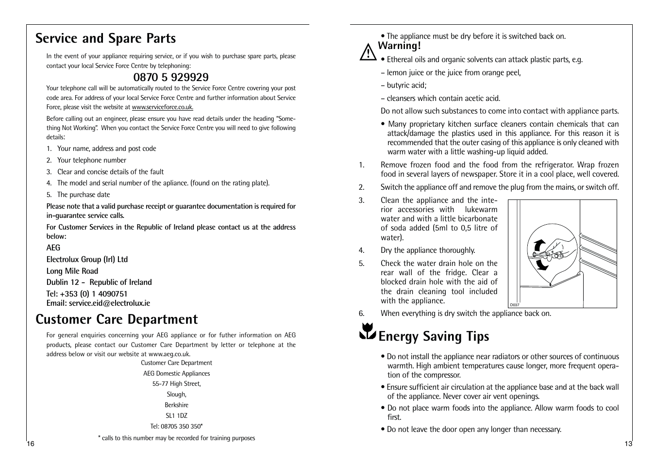 Energy saving tips, Service and spare parts, Customer care department | Electrolux C 7 18 41-4i User Manual | Page 13 / 28