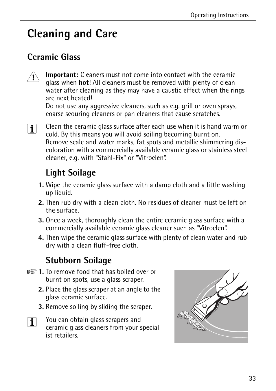 Cleaning and care, Ceramic glass, Light soilage | Stubborn soilage | Electrolux pmn User Manual | Page 13 / 24