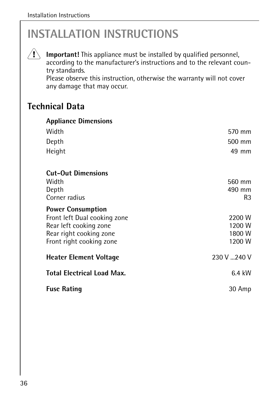 Installation instructions, Technical data | Electrolux pmn User Manual | Page 16 / 24