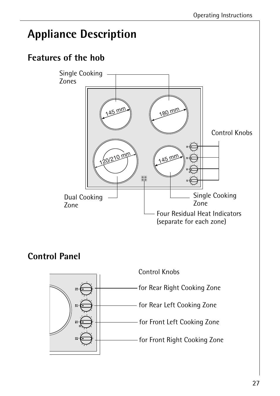 Appliance description, Features of the hob control panel, Operating instructions | Electrolux pmn User Manual | Page 7 / 24