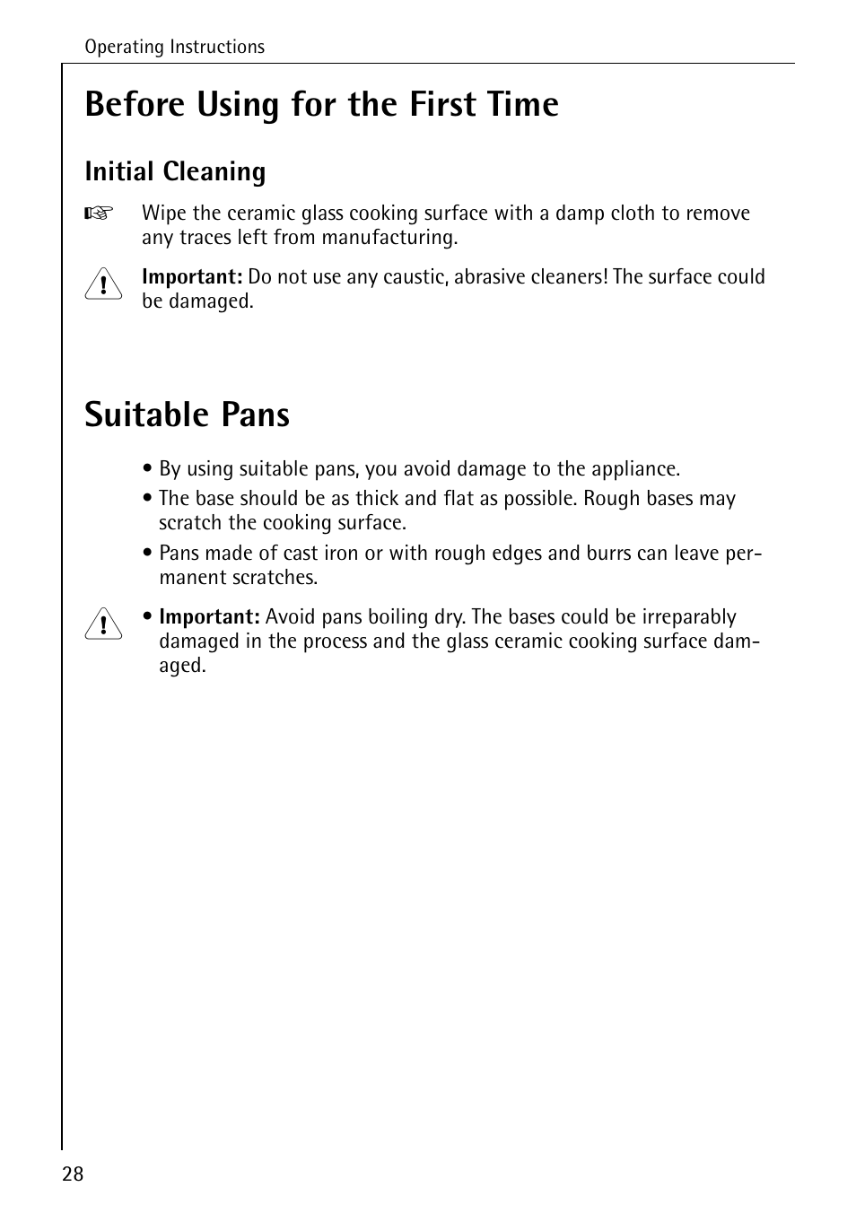 Before using for the first time, Suitable pans, Initial cleaning | Electrolux pmn User Manual | Page 8 / 24