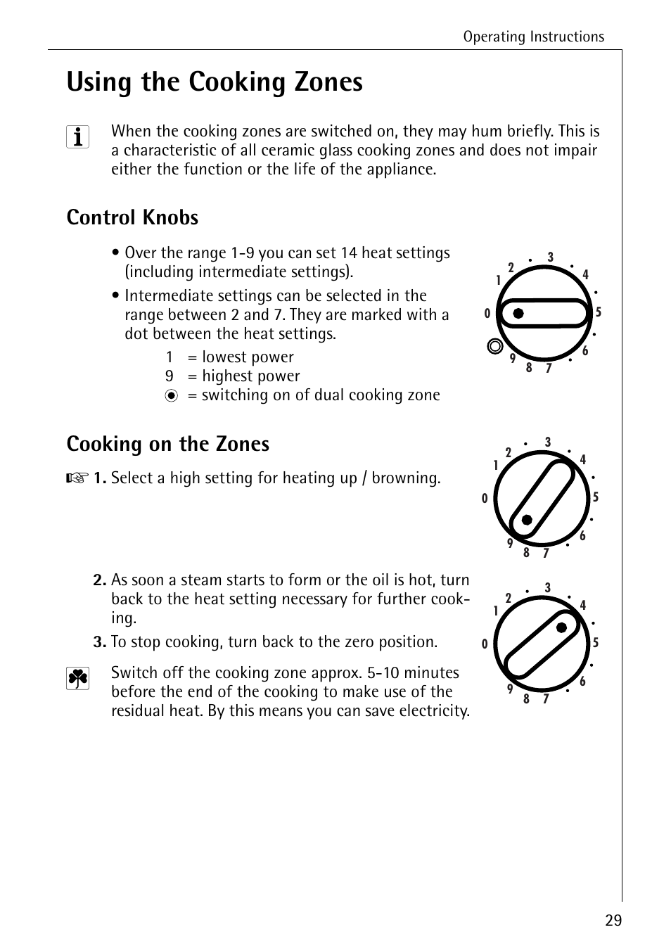 Using the cooking zones, Control knobs, Cooking on the zones | Electrolux pmn User Manual | Page 9 / 24